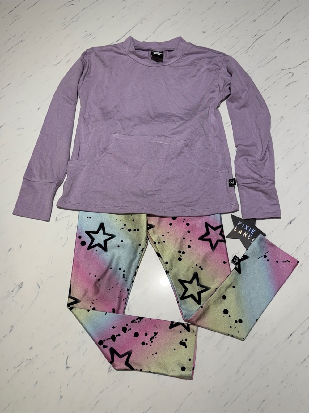 Pixielane Girls Lilac Long-Sleeve Top NWT & Pastel Star Leggings Set 4T